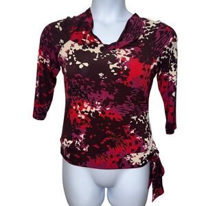 George Stretch Twist-Knot V-Neck 3/4 Sleeve Side Tie Abstract Floral Top 4/6 Y2K